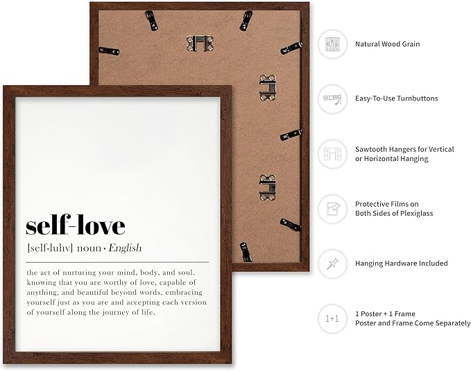Poster Master Typography Poster - Dictionary Print - Self Love Definition, Nurturing your Mind and Soul, Worthy, Motivational - Gift for Family, Friend - Wall Decor for Home, 11x14 Brown Framed