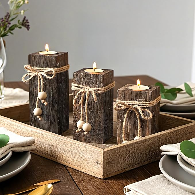 MelonBoat Rustic Wood Candle Holders: Farmhouse Candle Holders with Battery Operated Candles，Rustic Farmhouse Decor, Flameless LED Candles 3-Pack for Living Room Party Holiday Home Decor