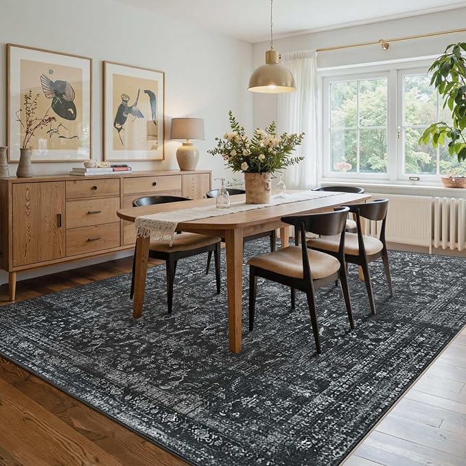 Rugxara 6x9 Area Rugs for Living Room Bedroom, Large Washable Rug, Black Vintage Floral Boho Style, Non Slip & Low Pile Carpet for Indoor Dining Room, Dorm and Kids Room(Black 6x9ft)