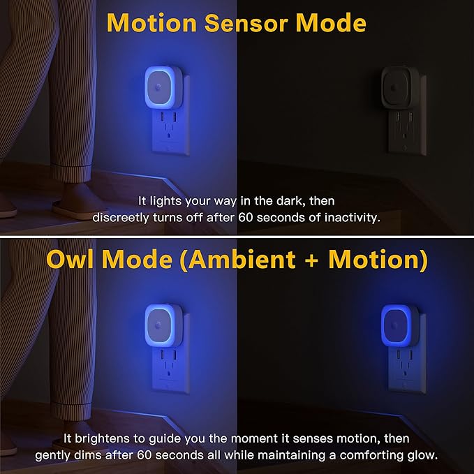 YUNLEX 2 Pack Plug in Night Light with Motion Sensor & Dusk to Dawn Sensor, 3 Sensor Modes, Blue Night Lights Plug into Wall, Dimmable Nightlight for Bathroom, Bedroom, Indoor