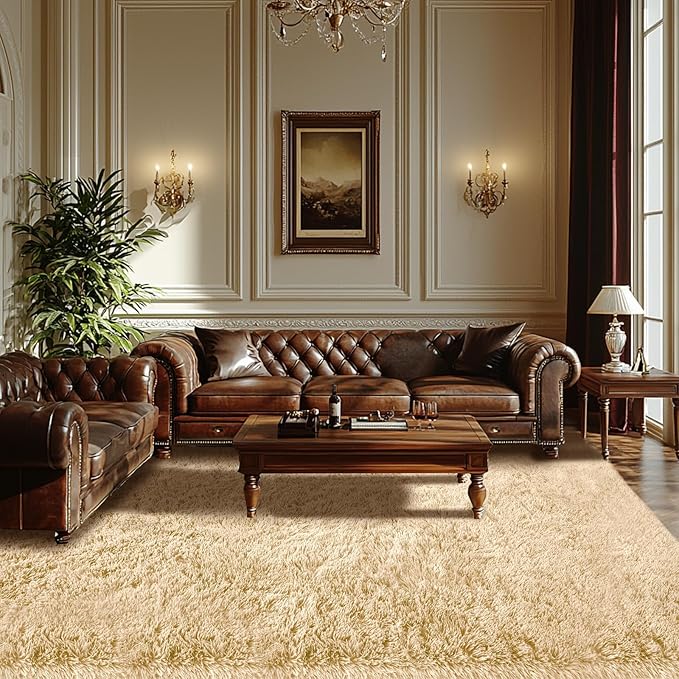 Fluffy Beige Living Room Rug: Ultra Fluffy Non-Slip Floor Carpet for Bedroom Living Room Home Office, Soft Plush Rug Home Decor (Beige 6x9 Feet)