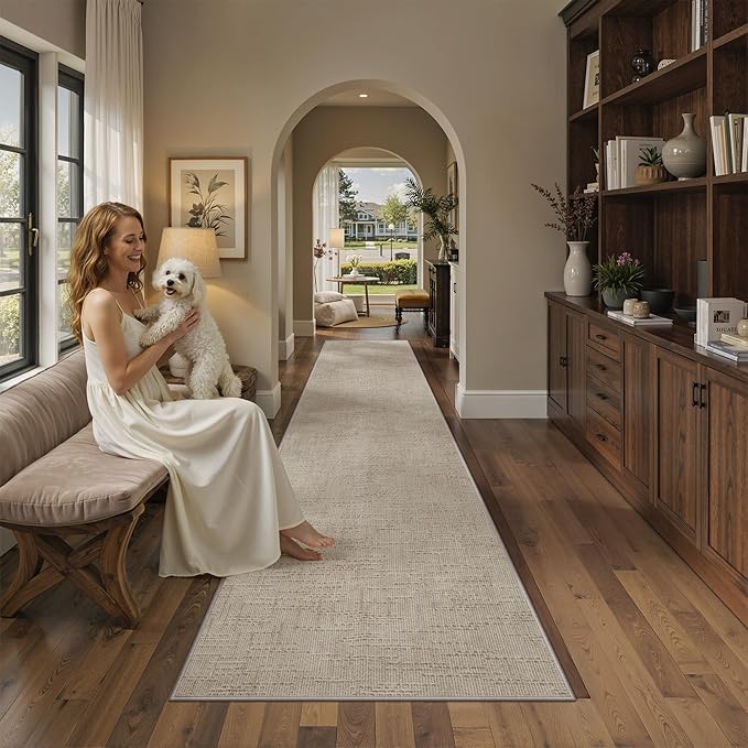Valenrug Runner Rug Non Slip - 2x8 Runner Rugs for Hallways High-Low Pile Textured Rugs Runners, Folable Washable Runner Rug for Kitchen Bedroom Entryway Laundry Living Room, Beige