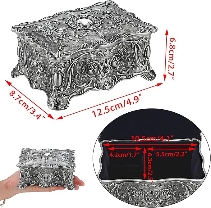 Hipiw Vintage Jewelry Organizer Box - Metal Trinket Storage Box Ornate Treasure Chest Box Jewelry Decorative box Keepsake Gift Box Case for Women,4.9"x3.4"x2.7"