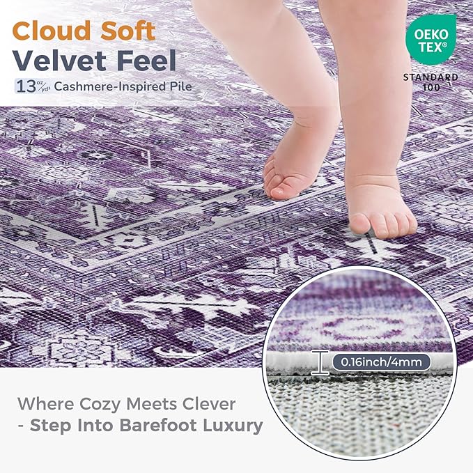 OPPODREAM Vintage Purple Round Rug 8ft, 8 ft Retro Washable Circle Rug Non Slip, Low-Pile Faux Wool Circular Carpet, Distressed Floor Mat for Living Room, Bedroom, Office, Dorm, Dinning Room