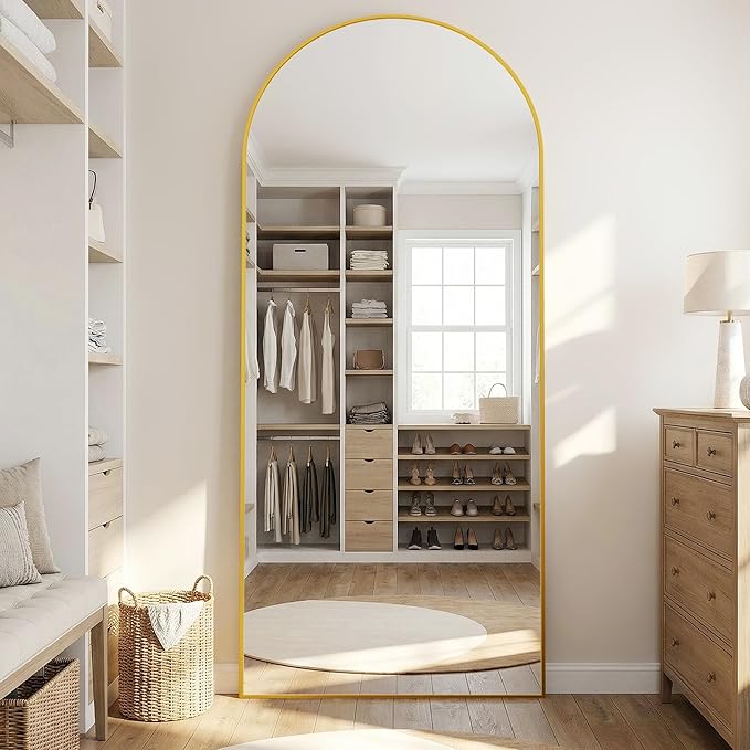 69"x28" Arched Full Length Mirror with Stand, Free Standing Leaning Wall Mounted Aluminum Alloy Frame Mirror for Bedroom Living Room Cloakroom, Gold