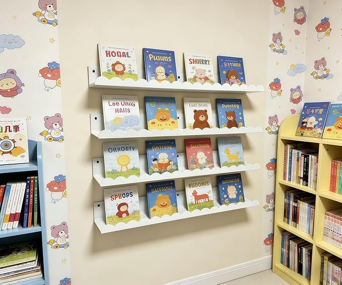 24 Inch Nursery Book Shelves Set of 4, White Metal Floating Shelves for Wall, Scalloped Cloud Book Shelf for Kids Room, Bathroom, Bedroom, Playroom Wall Decor & Storage