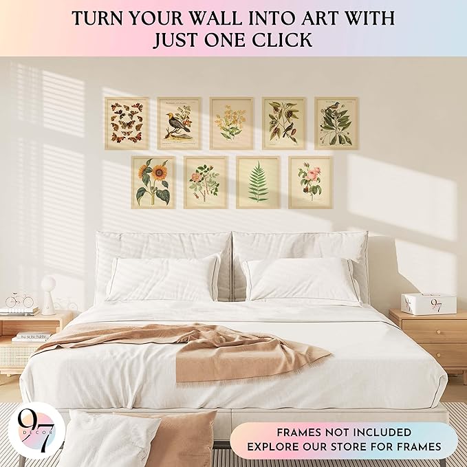 97 Decor Vintage Botanical Wall Art Decor - Plant Posters For Room Aesthetic, Vintage Botanical Prints Nature Wall Decor, Floral Pictures Butterfly Bird Art For Home Bedroom Decoration (8x10 Unframed)