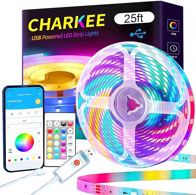 CHARKEE 25ft LED Strip Lights USB-Powered, Color Changing RGB LED Strip Lights for Bedroom/TV Backlight/Gaming Lighting, Music Sync SMD 5050 Flexible LED Lights with Remote/APP Control