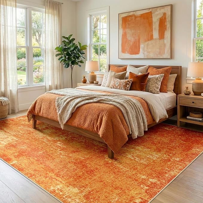 RELEANY Washable Area Rugs 5'x7' Non-Slip Modern Abstract Soft for Living Room Entryway Bedroom Nursery, Print Pattern, Orange