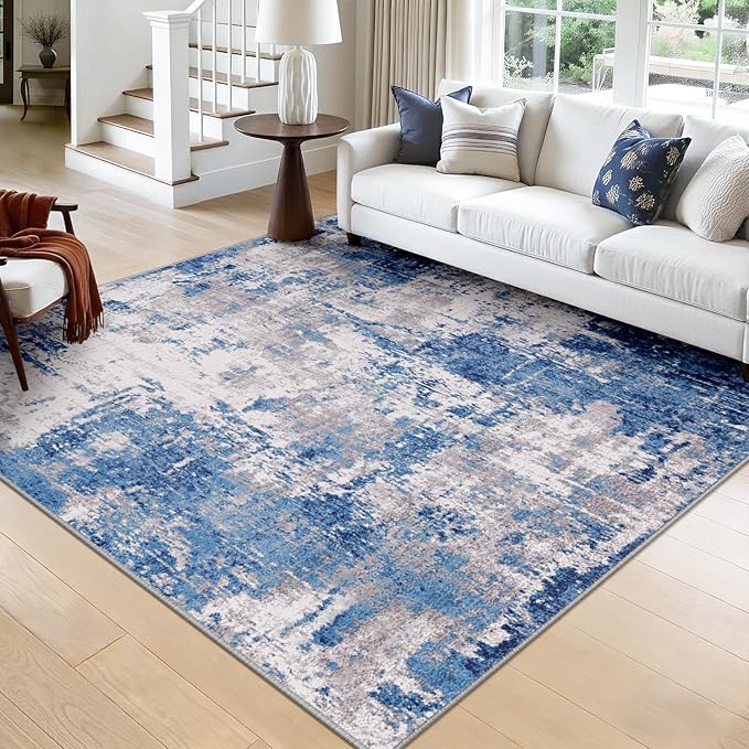 RELEANY Washable Area Rugs Square 8ft Non-Slip Modern Abstract Soft for Living Room Entryway Bedroom Nursery, Print Pattern, Blue Grey Navy Gray