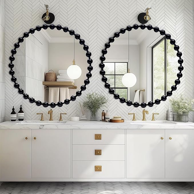 Round Black Mirror 30'', Beaded Mirror for Wall, Spherical Frame Large Circle Mirror for Bathroom, Dining Roon, Bed Room, Entryway