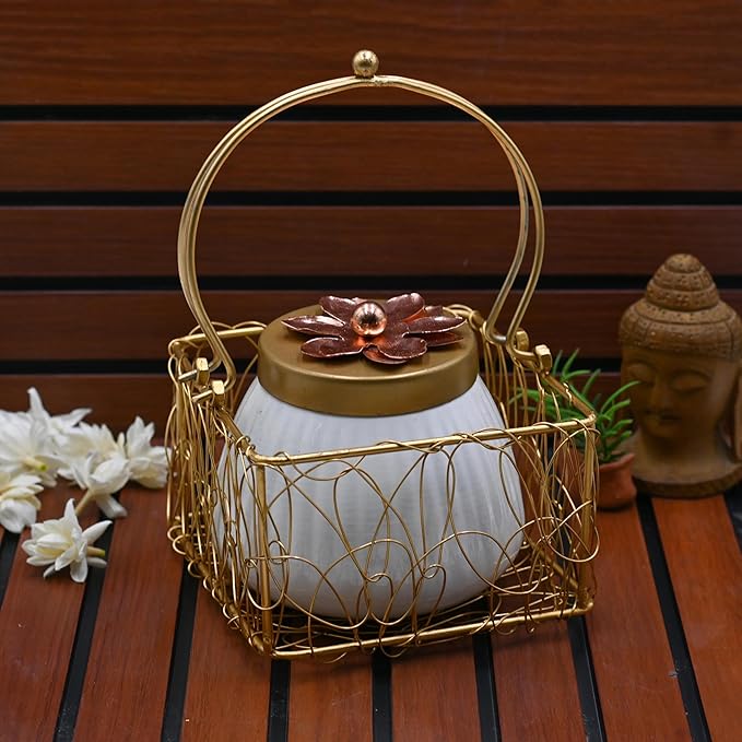 IGH Set of 5 Wholesale Lot Dry Fruit Jar with Golden Net Basket and Lid 4 Inch, Return Gifts, Serving Bowls/Jars for Parties, Wedding Gifts