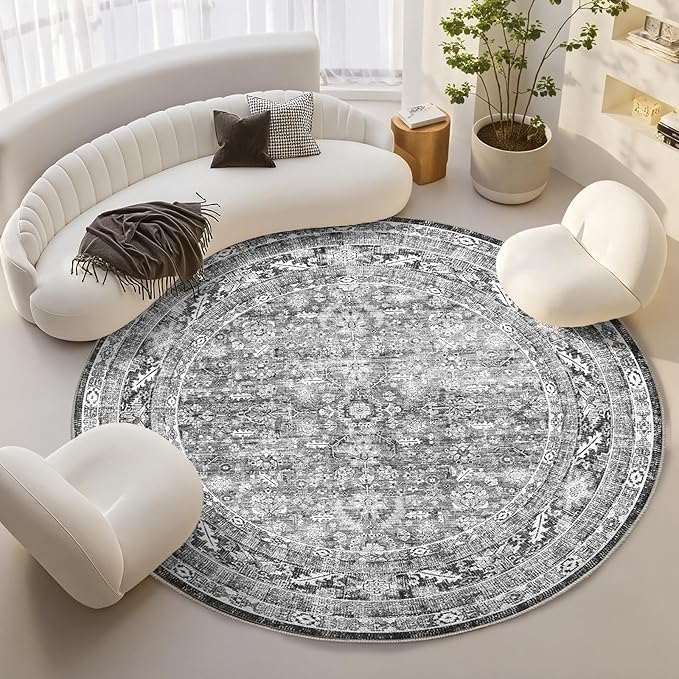 OPPODREAM Vintage Grey Round Rug 8ft, 8 ft Retro Washable Circle Rug Non Slip, Low-Pile Faux Wool Circular Carpet, Distressed Gray Floor Mat for Living Room, Bedroom, Office, Dorm, Dinning Room