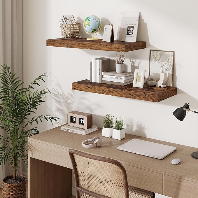 Fun Memories 32 x 12 Floating Shelves Wall-Mounted - Rustic Wood Shelf - 12 Inch Deep Floating Shelves for Wall - Large Storage Shelf for Bathroom - Kitchen & Bedroom - Rustic Brown - Set of 2