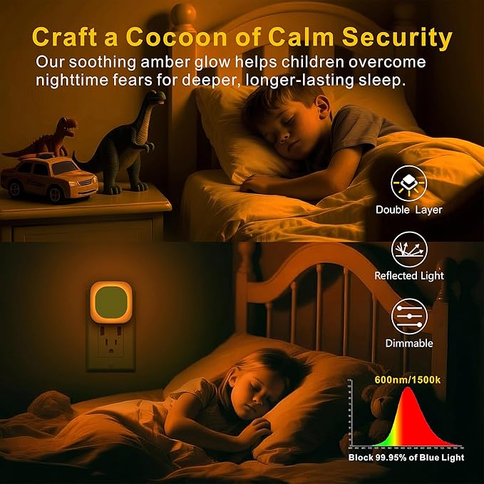 YUNLEX 2 Pack Amber Night Light, Dusk to Dawn Sensor, Warm Glare-Free Reflected Glow, 3-Level Dimmer, Auto On/Off, Plug-in LED Nightlight for Bedroom, Kids, Bathroom, Sleep, Baby Nursery, Toddler