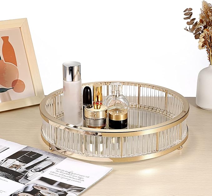 Hipiwe Gold Metal Perfume Tray - 12" Round Vanity Makeup Tray Jewelry Trinket Organizer Tray Coffee Table Decorative Tray Dresser Bathroom Tray with Acrylic Column Decor and Clear Glass Base