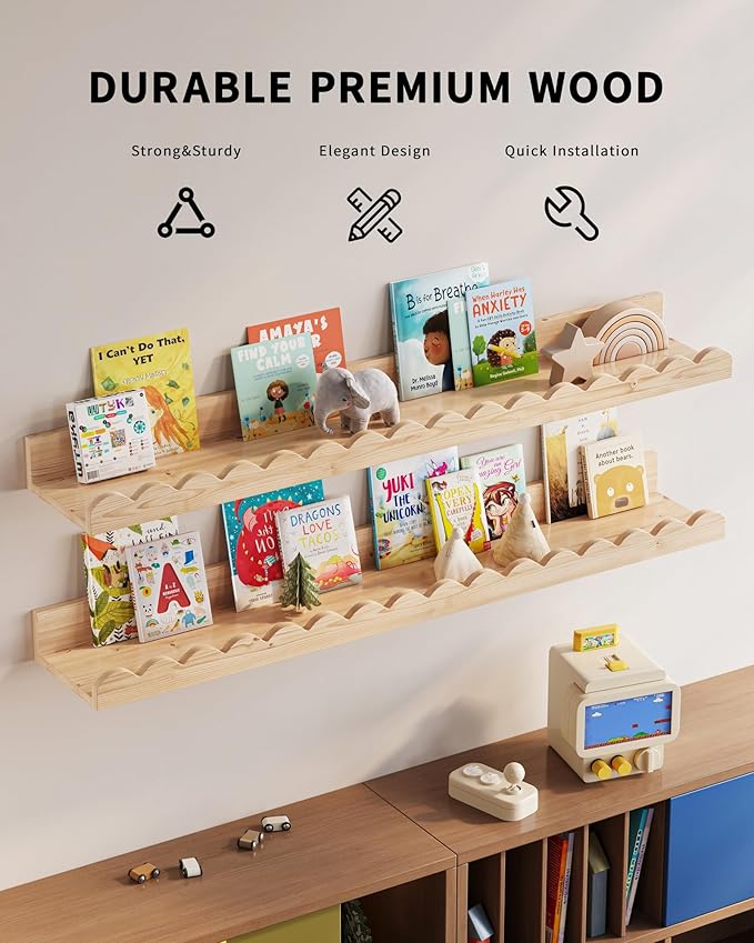 G&W Gruwald Nursery Book Shelves, Set of 3, Nursery Decor for Baby and Toddler, Scalloped Shelves, Book Shelf for Kids Rooms, Wall Book Shelf for Bedroom Kids (Wood, 36 Inches)