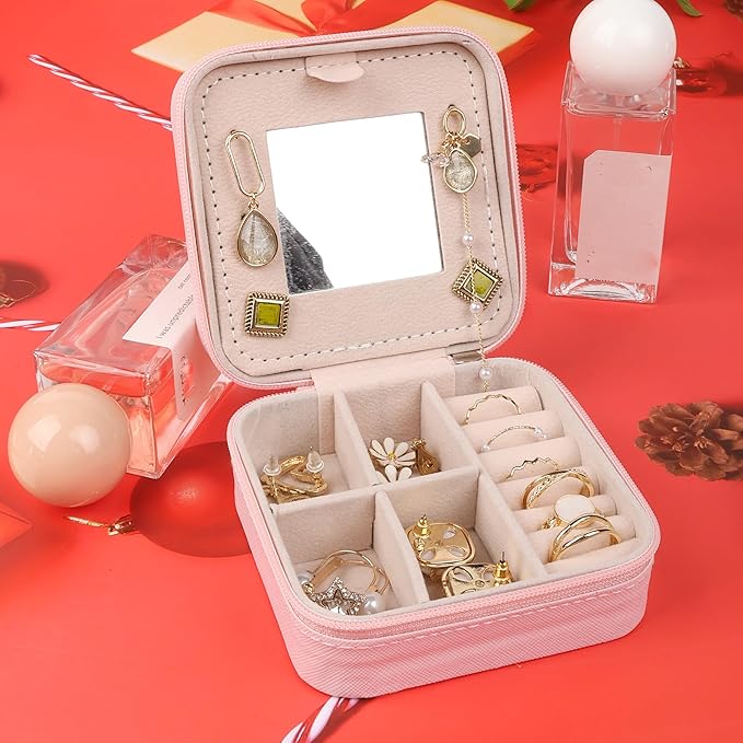OceeK Travel Jewelry Case Box with Mirror,Travel Jewelry Box Organizer Holder Stocking Stuffers,Pink,1 Pack