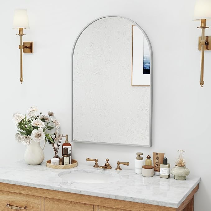 SCWF-GZ 30x20 Arch Mirror Rectangle Wall Mounted Hanging or Against Wall Aluminum Alloy Metal Frame Dressing Make-up Mirrors for Entryway Bedroom Bathroom Living Room 30 20 inch Silver