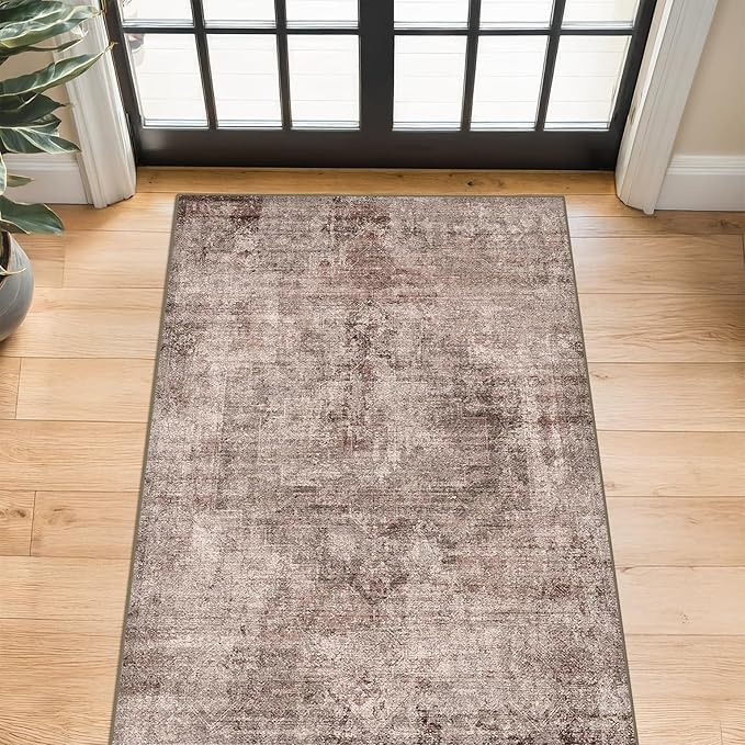 3x5 Washable Terracotta Entryway Rug, Non Slip Vintage Distressed Medallion Rug for Kitchen, Laundry Room, Mudroom & Hallway, Low Pile Stain Resistant Farmhouse Boho Doorway Mat
