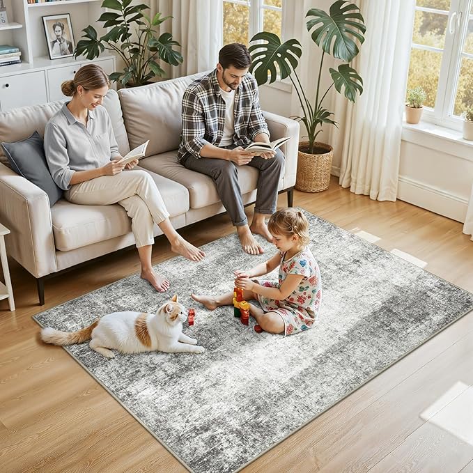 RELEANY Washable Area Rugs 4'x6' Non-Slip Modern Abstract Soft for Living Room Entryway Bedroom Nursery, Print Pattern, Gray White Grey