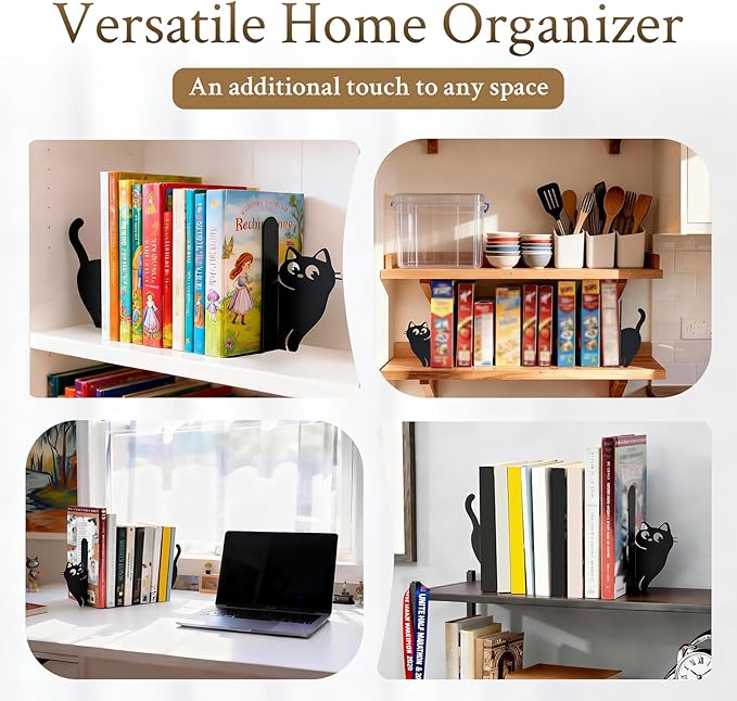 BEISE Book Ends Gifts for Cat Lovers, Decorative Metal Cat Bookends for Bookshelf & Desk, Cute Black Kittens CD Book Holder, Kitchen Organizer for Shelf, Home Office Decor, Unique Book Lover Gift
