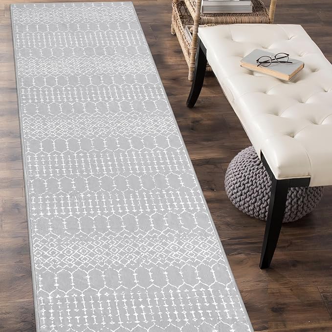 Lahome Moroccan Washable Rug Runner 2x10 Non-Slip Runner Rug for Kitchen Stain Resistant Grey Carpet Runners for Hallway 10Ft, Modern Geometric Print Soft Floor Carpet for Bathroom Entryway Foyer Hana