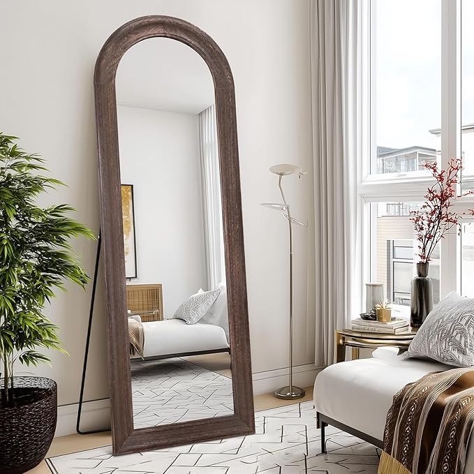 Solid Wood Full Length Mirror - 65"x22" Arched Floor Mirror, Free Standing & Wall Mounted - Elegant Design for Bedroom, Dressing Room, Hallway, Brown