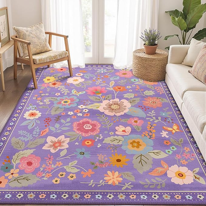 RELEANY Floral Nursery 5x7 Area Rugs Washable Print Boho Cute Carpet Non Slip Flower Low Pile for Living Room Kids Girls Playroom Bedroom Kitchen Office Farmhouse-Purple/Pink/Multi