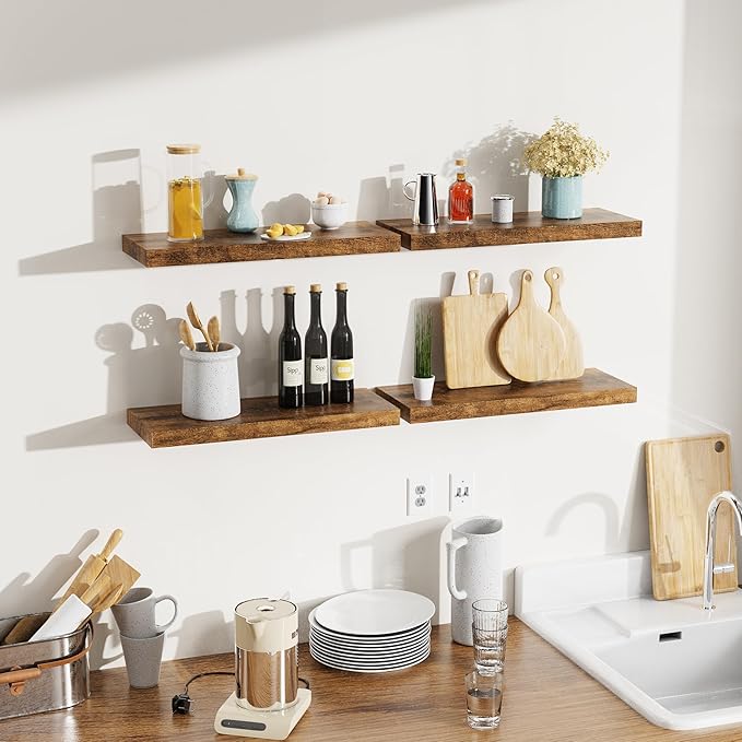 Bellsal Floating Shelves for Wall, Rustic Brown Wood Wall Shelf Set of 4, 16" Walls Mounted Floating Shelf for Kitchen, Living Room, Bedroom, Bathroom Storage, Book Shelf for Walls Home Decor