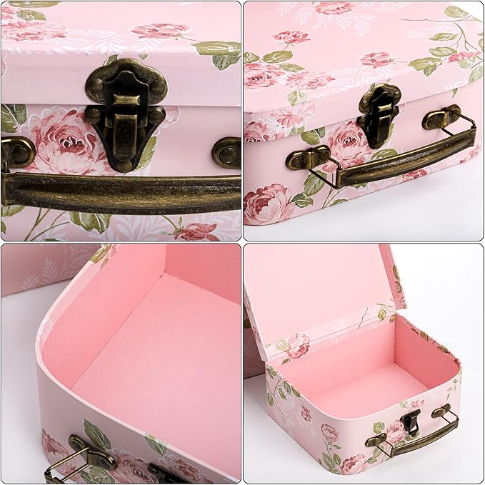 Fasmov 3 Pack Paperboard Suitcases Storage Box Decorative Storage Boxes Gift Boxes With Lids for Photo Storage Home Decoration, Wedding, Birthday, Anniversary, Pink