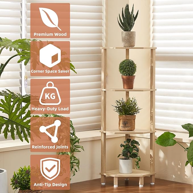 YUFAM 4-Tier Corner Shelf with Sturdy 5-Leg Base, 41in Tall Narrow Bookcase for Small Spaces, Wooden Plant Display Shelf, Thin Bookshelf for Living Room, Bedroom, Office, Natural