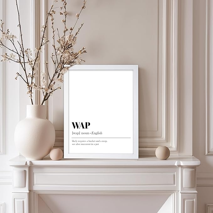 Poster Master Typography Poster - Dictionary Print - WAP Definition, Wet, Requires Bucket and Mop, Minimal, Funny - Gift for Girl, Friend - Wall Decor for Home, Bedroom, Dorm, 8x10 White Framed