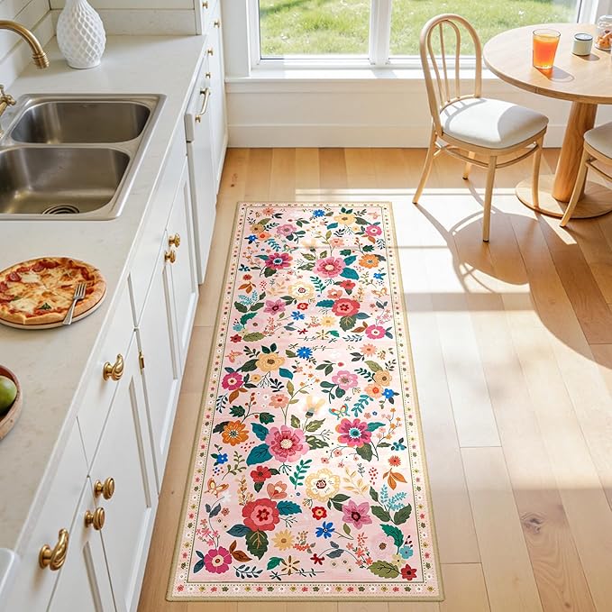 RELEANY Floral Nursery 2x5 Area Rugs Washable Print Boho Cute Carpet Non Slip Flower Low Pile for Living Room Kids Girls Playroom Bedroom Kitchen Office Farmhouse-Pink