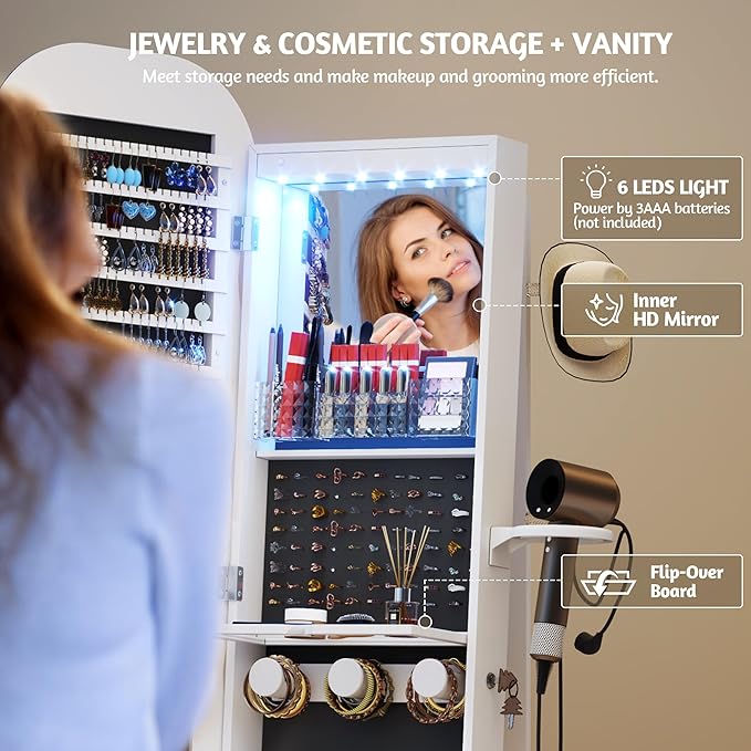 Vlsrka 360° Swivel Jewelry Aromire with Wavy Mirror, Lockable Jewelry Organizer Mirror Full Length, Rotatable Standing Mirror with Storage, Jewelry Cabinet, Interior Mirror, Flodable Shef (White)