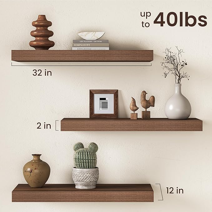 32Inch Walnut Floating Shelves for Wall, 12 Inch Deep Shelves for Bedroom, Kitchen, Bathroom Wall Mounted, Rustic Wood Floating Shelf with Invisible Brackets for Books, Storage, Decor, 2 Packs
