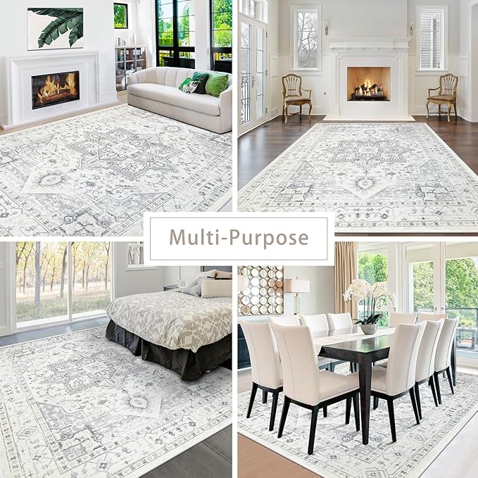 Srugn Area Rug 8x10 Washable Area Rugs for Living Room,Bedroom, Dining Room- Ultra Soft Non-Shedding Faux Wool Retro Rugs,Large Vintage Carpets with Non Slip Rubber Backing for Farmhouse Home Office