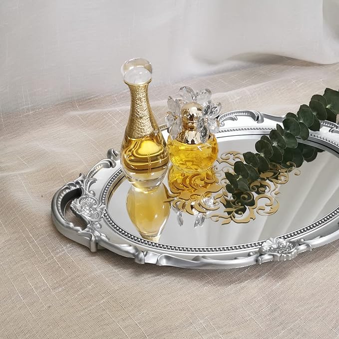 Oval Printed Decorative Mirror Tray, French Style, Mirror, Makeup Organizer, Jewelry Organizer, Serving Tray, 9.8"x 14.6", Silver