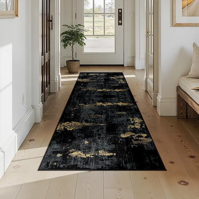 RELEANY Washable Area Rugs 2'6"x8 Non-Slip Modern Abstract Soft for Living Room Entryway Bedroom Nursery, Print Pattern, Dark Black Gold