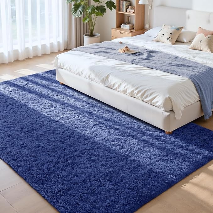 Modern Soft Fluffy Small Shaggy Rug for Bedroom Livingroom Dorm Kids Room Indoor Home Decorative, Non-Slip Plush Furry Fur Area Rugs Comfy Nursery Floor Carpet 7X10 Feet, Light Navy
