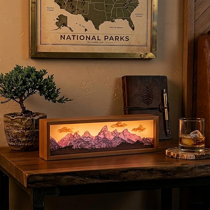 Grand Teton Mountain Led Light Box 3 Layers of Acrylic Light Box - Handmade Table Lamp for Room Decor - National Park Travel Signs Travel Gift