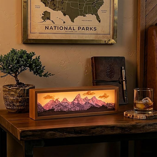 Grand Teton Mountain Led Light Box 3 Layers of Acrylic Light Box - Handmade Table Lamp for Room Decor - National Park Travel Signs Travel Gift