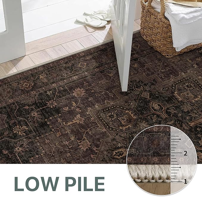 GENIMO 5FT Round Area Rugs for Living Room, Circle Rugs Machine Washable Low Pile, Chenille Non Slip Vintage Rug for Bedroom, Dining Room, Home Office, Charcoal Brown
