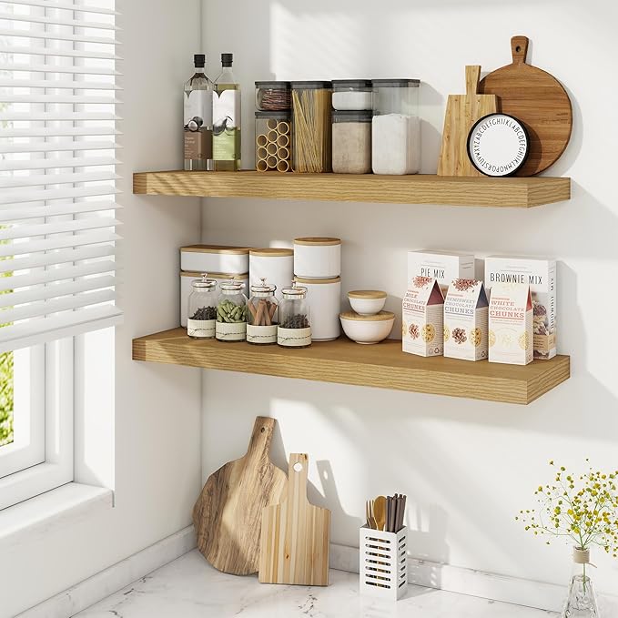 Fun Memories 9.3Inch Deep Floating Shelves for Wall, 32 Inch Rustic Wood Wall Mounted Shelves for Bathroom, Bedroom, Kitchen, Deep Floating Shelf for Storage & Home Decor (Oak, Set of 2)