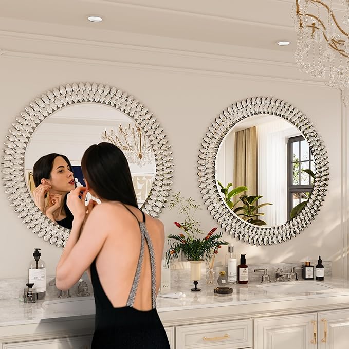Kelly Miller 36" Large Round Jeweled Wall Mirror, Luxury Diamond Beveled Decorative Mirror for Bedroom Living Room Bathroom Hallway Entryway Fireplace