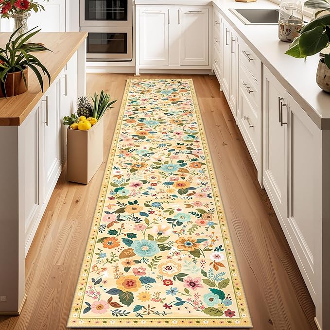 RELEANY Floral Nursery 2x10 Area Rugs Washable Print Boho Cute Carpet Non Slip Flower Low Pile for Living Room Kids Girls Playroom Bedroom Kitchen Office Farmhouse-Ivory/Yellow