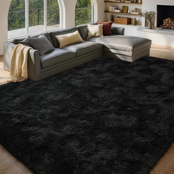 FinRèc 8x10 Feet Black Rugs for Living Room Bedroom, Fluffy Shaggy Area Rug, Non-Slip Soft Shag Rug for Nursery Kids Room Dorm Room Home Decor, Indoor Plush Floor Carpet
