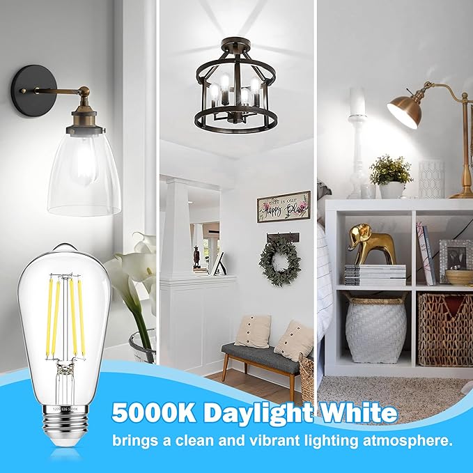 ASOMST 10-Pack Vintage Edison Bulbs 60W Equivalent, 850LM 6W LED Light Bulb Daylight White 5000K, ST58 Filament Lighting E26 Base, Non-Dimmable