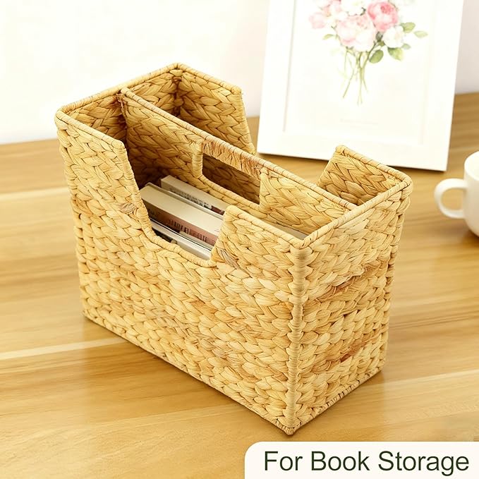 Nexboraque Handwoven Wicker Magazine Basket Decorative Water Hyacinth Storage Bin & Organizer with Handle for Office Living Room Dorm Bathroom