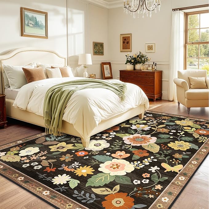 RELEANY Floral Nursery 6x9 Area Rugs Washable Print Boho Cute Carpet Non Slip Flower Low Pile for Living Room Kids Girls Playroom Bedroom Kitchen Office Farmhouse-Black/Yellow/Red